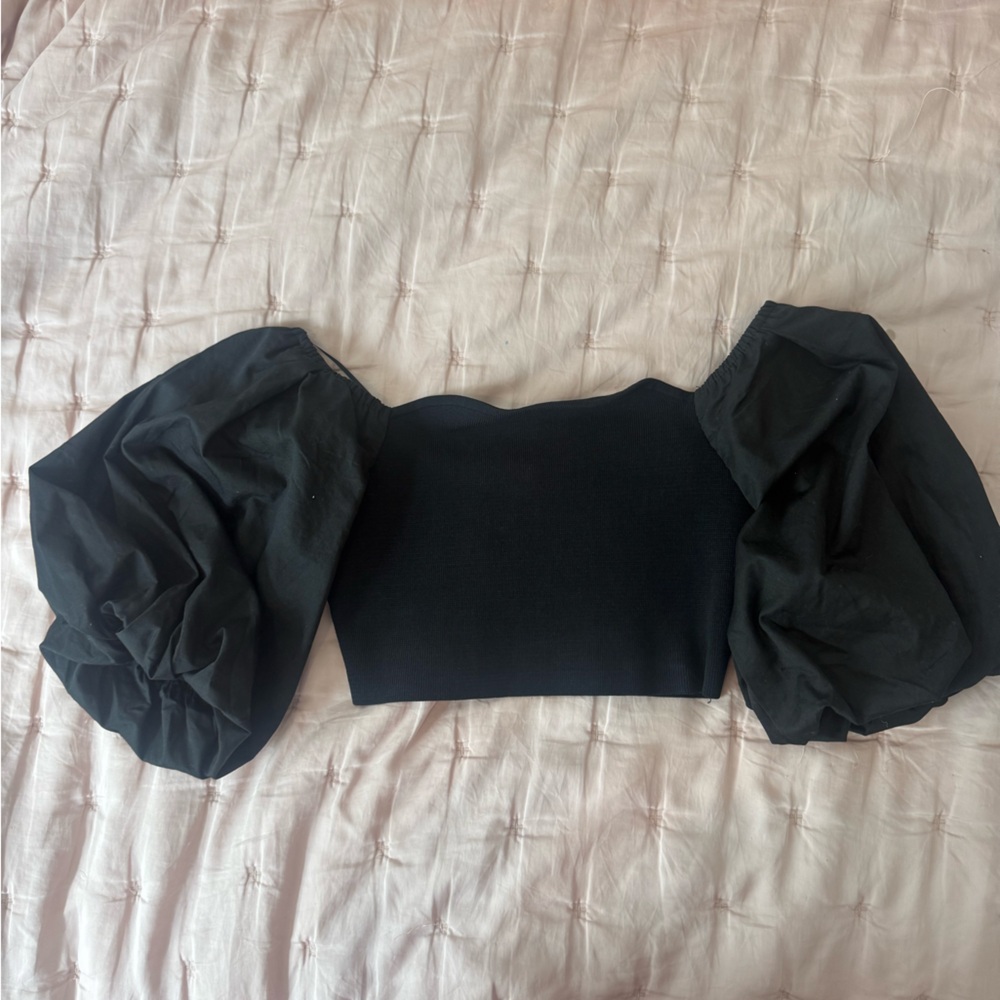Zara Black Off-Shoulder Puff Sleeve Crop Top